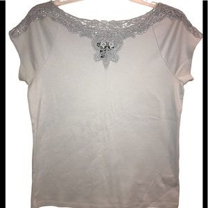 Vintage Lauren Ralph Lauren Crochet Lace Shoulder Cap Sleeve Tee Shirt Top L